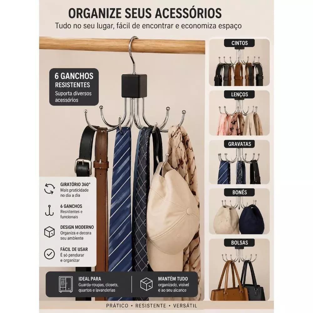 CABIDE ORGANIZADOR MULTIUSO GIRATÓRIO 6 GANCHOS PARA CINTOS LENÇOS BONÉS GRAVATAS BOLSAS ACESSÓRIOS