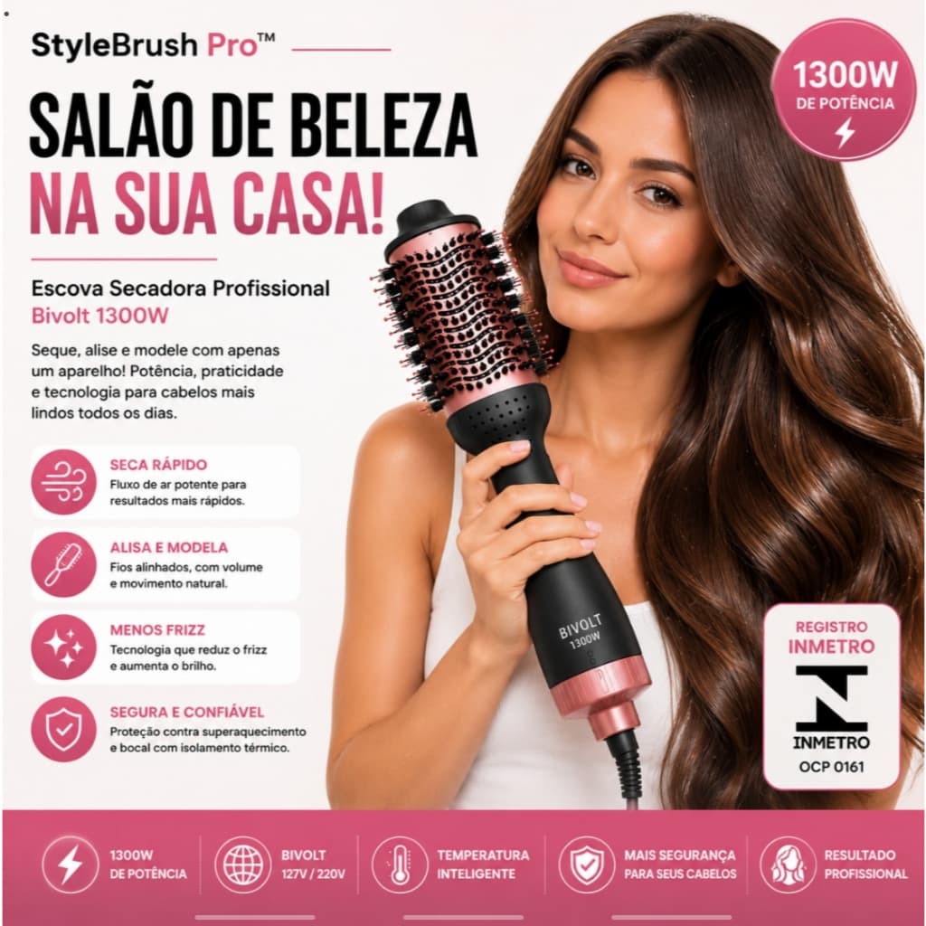 Escova Secadora de Cabelo Profissional Bivolt 1300W StyleBrush Pro™ Modeladora, Alisadora e Secadora 127/220V