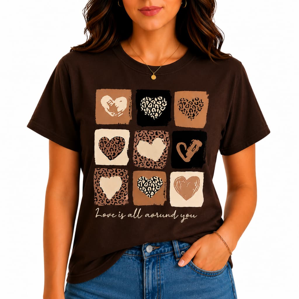Camisa Feminina T Shirt Corações Camiseta Gola Redonda Premium 100% Algodão