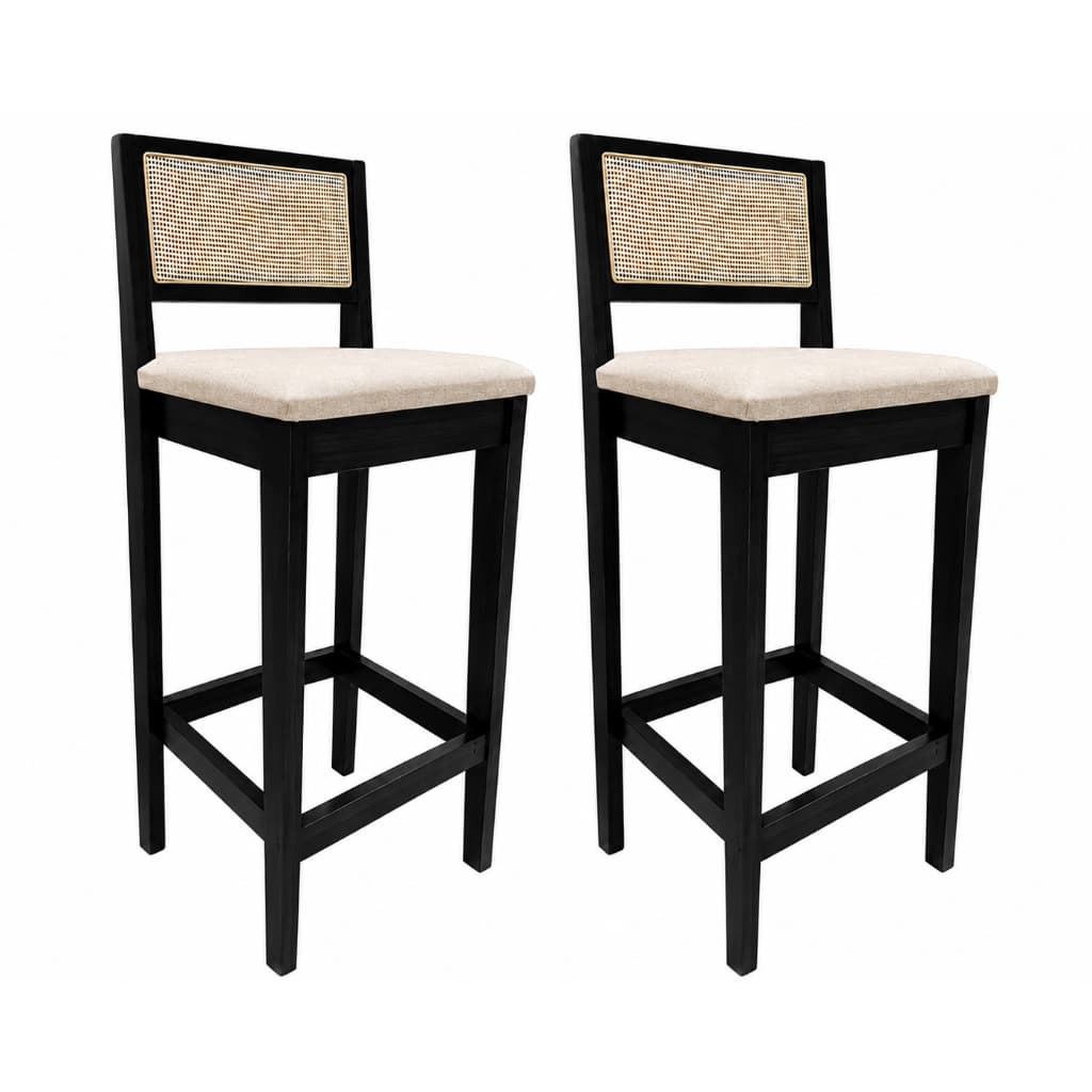 Kit 2 Banquetas Altas Linho com Encosto de tela tipo Palha Base Preto– Bancada Ilha Bar Elegante Confortável
