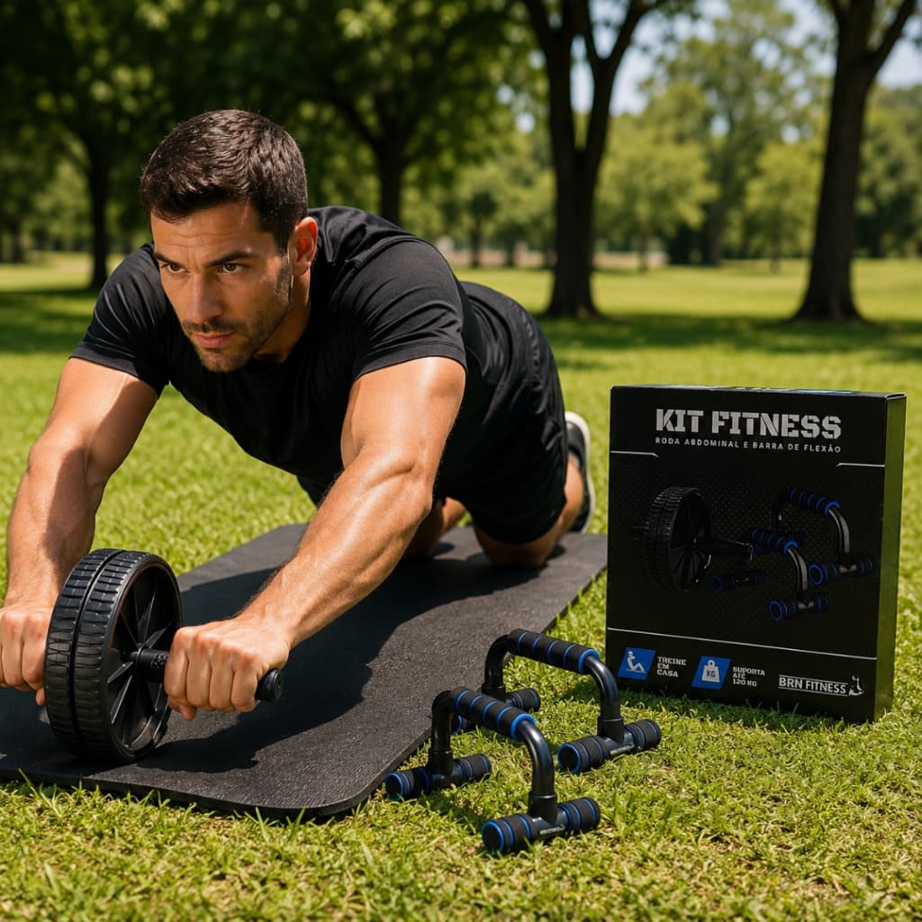 Kit Abdominal Roda + Suporte Flexão BRN FITNESS – Treino em Casa Peito, Abdômen, Lombar e Braços