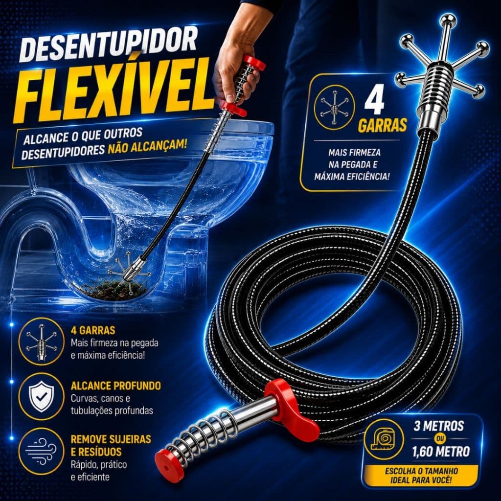 Desentupidor Flexível com Garra 4 Pontas 1,6m ou 3m para Pia Ralo Vaso Sanitário Removedor de Entupimentos