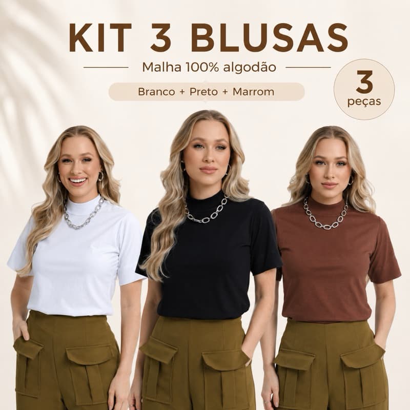 Kit 3 T Shirt gola alta oversized camisa blusa meia manga algodão cherry