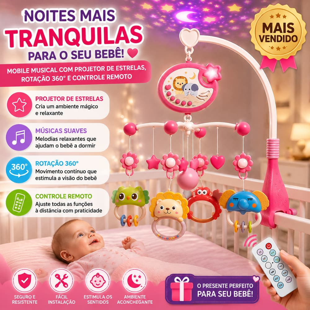 Mobile Musical Berço Bebê Projetor Estrelas Controle Remoto Rotação 360 Graus Luz Ambiente Sonoro Relaxante rosa