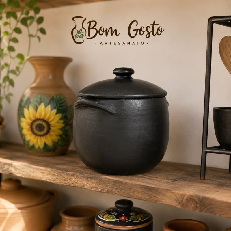 Caldeirão de Barro 3L Artesanal Preto para Feijoada Sopas Ensopados Fogão a Gás Lenha Churrasqueira