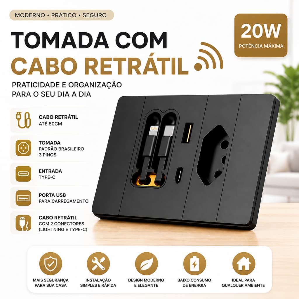 Tomada de Parede com Cabo Retrátil USB-C e Ligth Carregamento Rápido 20W Tomada Multifuncional Bivolt