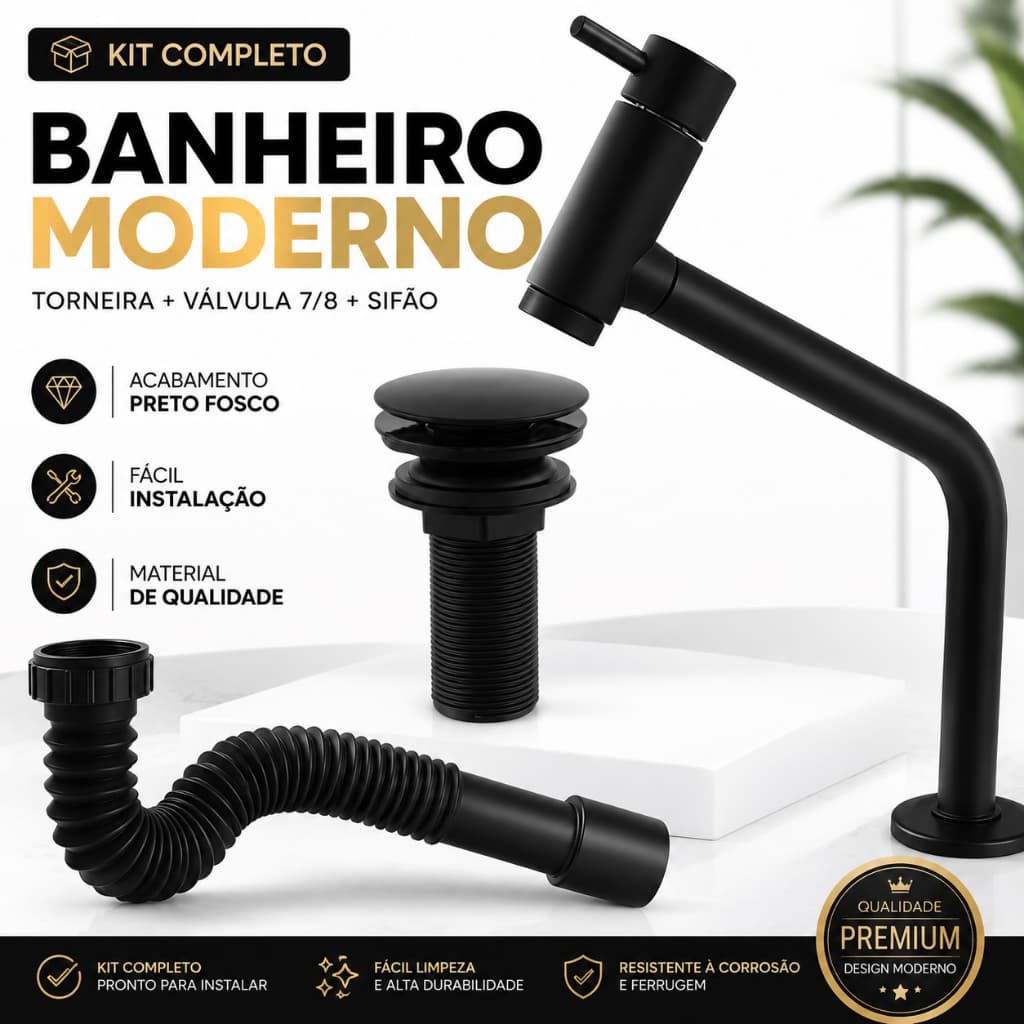 Kit Torneira Banheiro Preta Fosca Lavatório ABS Com Válvula 7/8 e Sifão Completo Premium