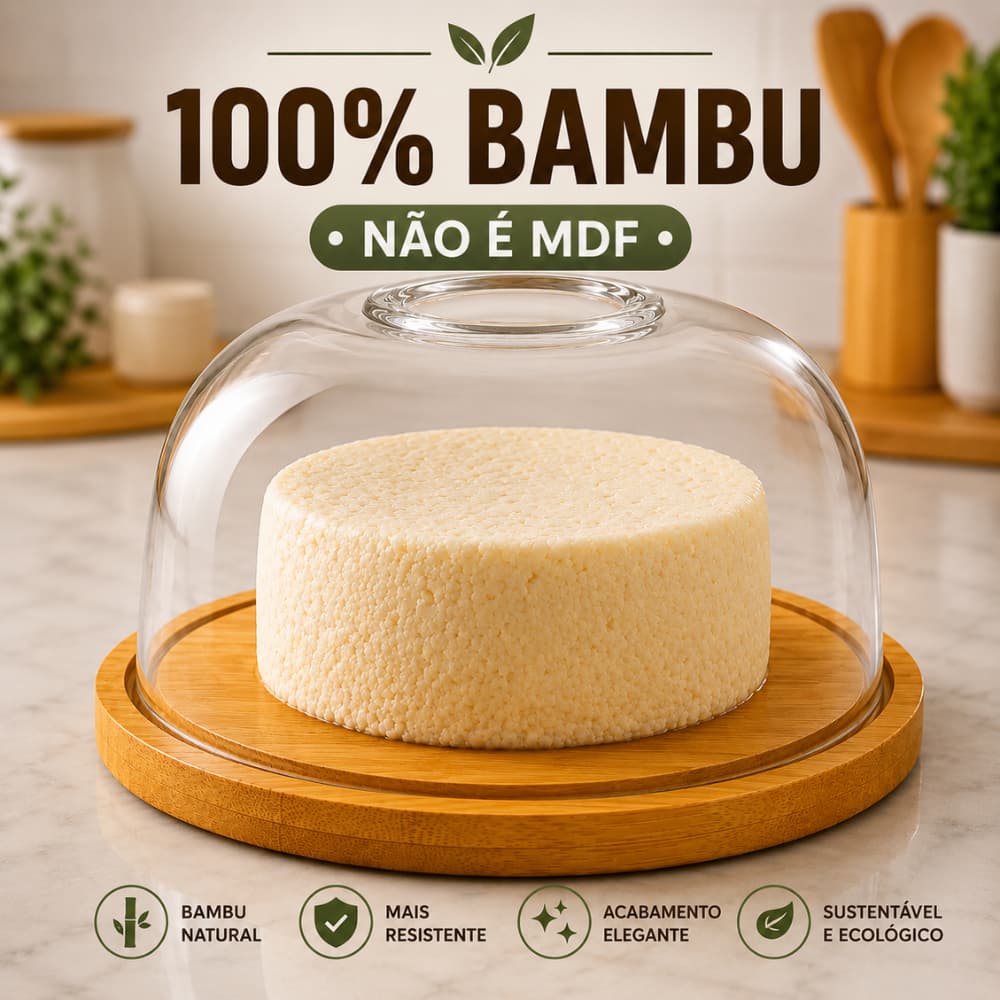 Porta Queijo Queijeira Bambu Natural Com Tampa 18cm X 8cm Em Acrílico Mesa Posta