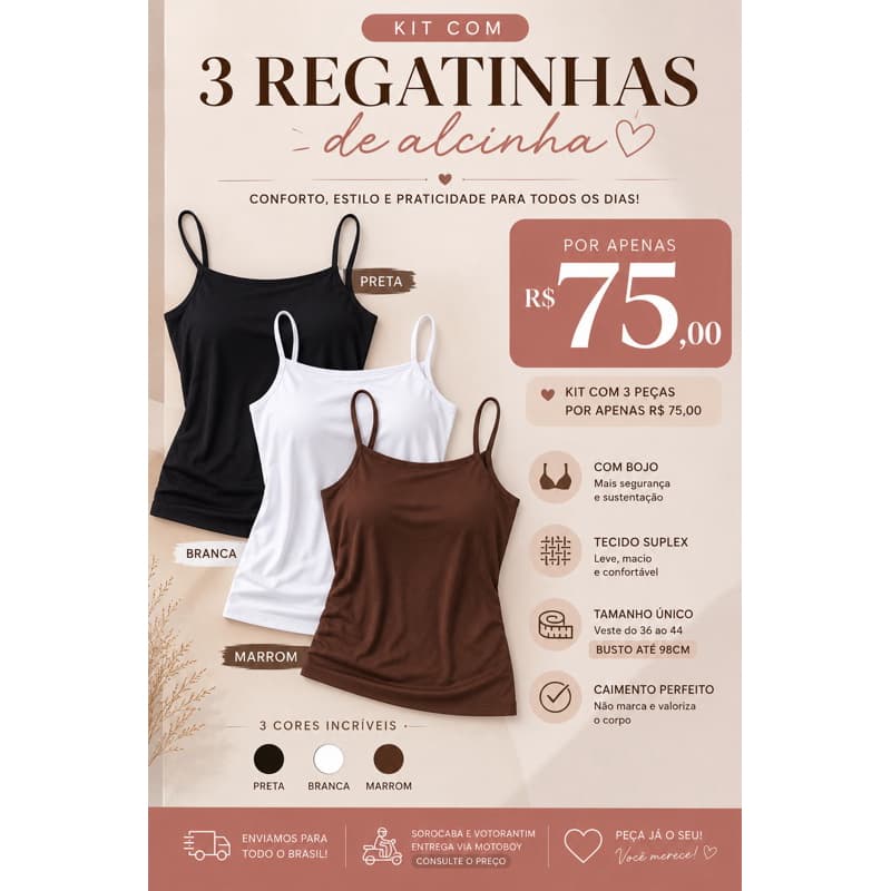 Kit com 3 Regatas de Bojo  | Suplex Premium• Blusinha básica