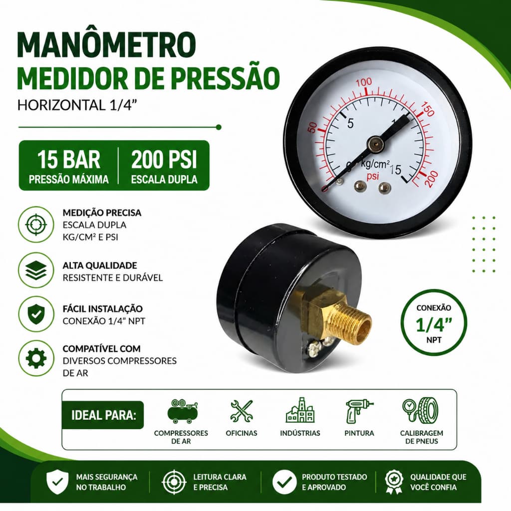 Manômetro 1/4 15 Bar 200Psi Medidor De Pressão Horizontal Diversos Compressores De Ar