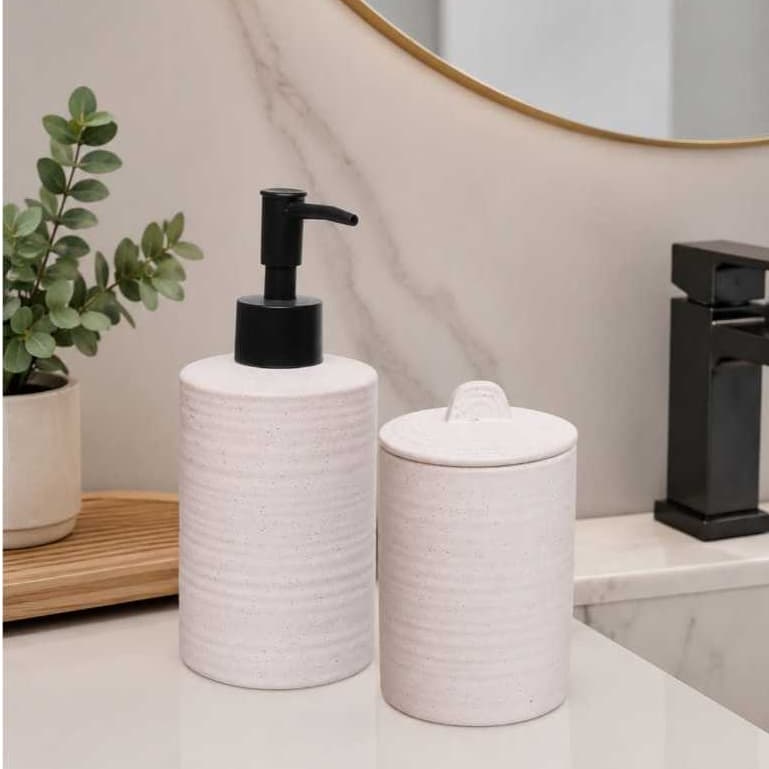 Jogo de Banheiro Lyor em Cerâmica para Lavabo Porta Sabonete + Recipiente com Tampa Luxo Decoração
