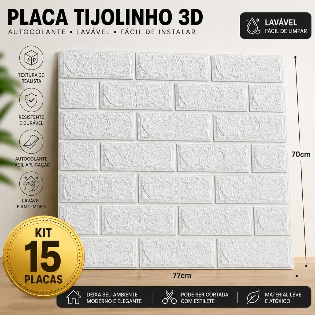Lote 15 Placas Tijolinho Autocolante 70x77 Decoração Ambientes