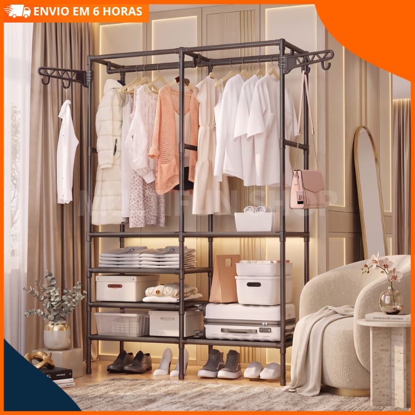 Arara de Roupas Cabideiro Sapateira Rack Organizador Multiuso Prateleira Guarda Roupa Portátil