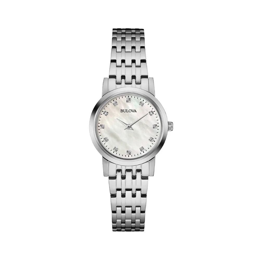 Relógio 96p175 Feminino Prata madrepérola Branco 12 diamantes B.U.L.O.V.A