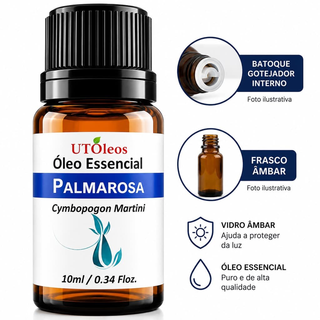 Óleo Essencial Palmarosa 10ml Puro Cymbopogon Martinii Vidro Âmbar Massagem Aromaterapia Difusor
