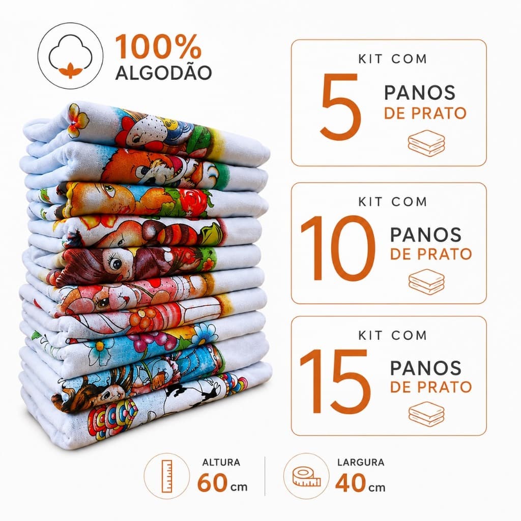 Pano De Prato Estampado Bainha Kit Com 5/10/15 peças