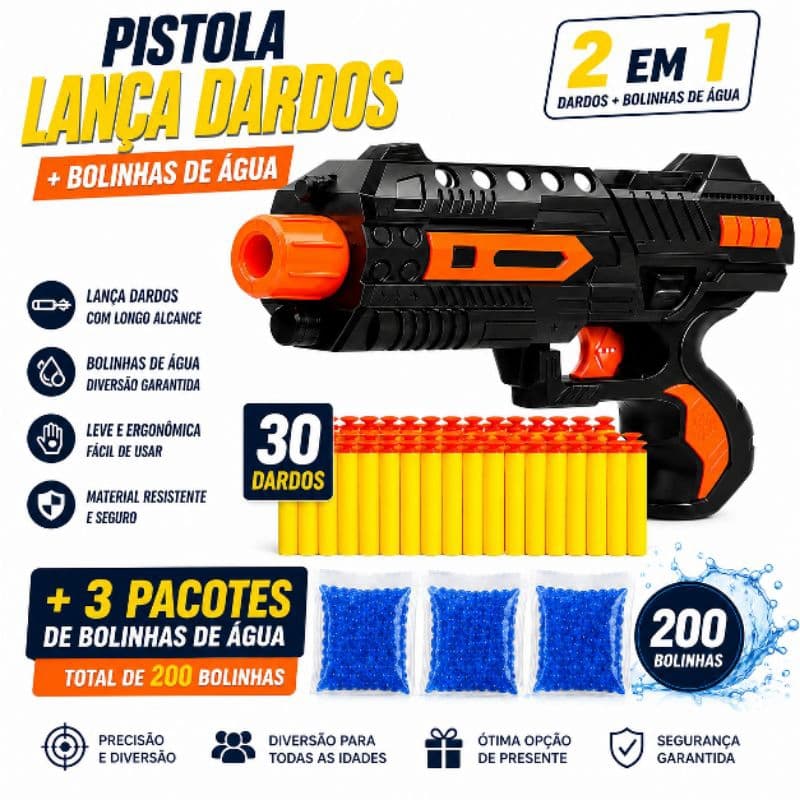 Lançador 2 em 1 com 30 Dardos de Espuma + 3 Pacotes de Bolinhas de Água