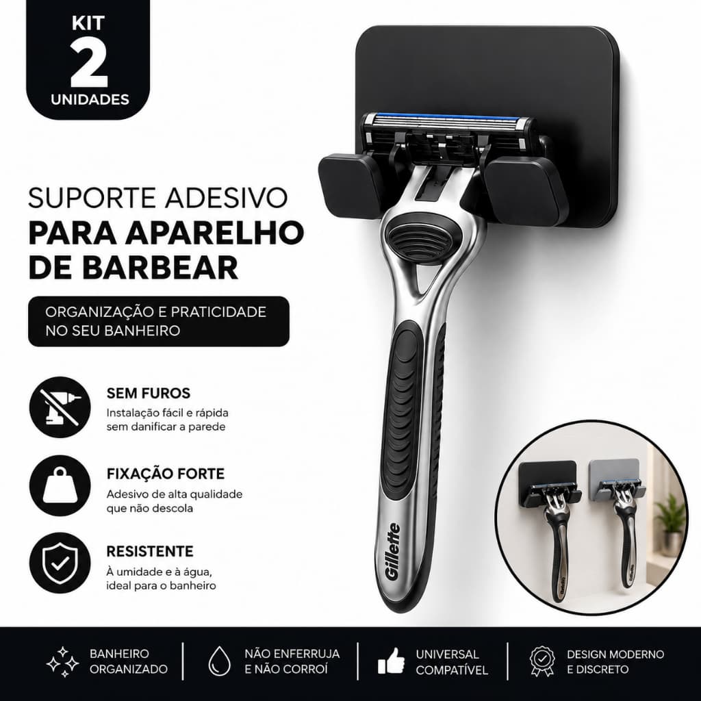 Suporte Adesivo para Aparelho de Barbear Gillette | Kit 2 | Sem Furar Parede | Organizador Banheiro