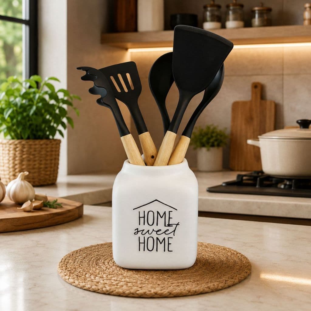 Leiteira Cerâmica Porta Talher Colher de Bambu Decoração Organizador Casa Cozinha
