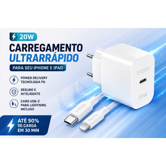 Kit Completo Carregador Rápido 20W USB-C PD 3A com Cabo Lightning para iPhone