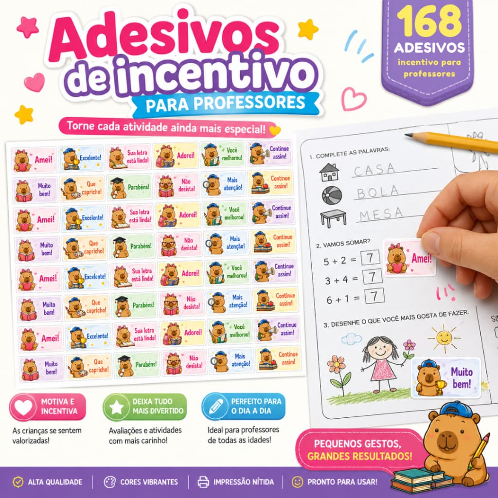 Kit 168 Etiquetas Incentivo Escolar | Adesivos Cadernos e Atividades Alunos | Adesivo Capivara Fofa | Adesivo Professora
