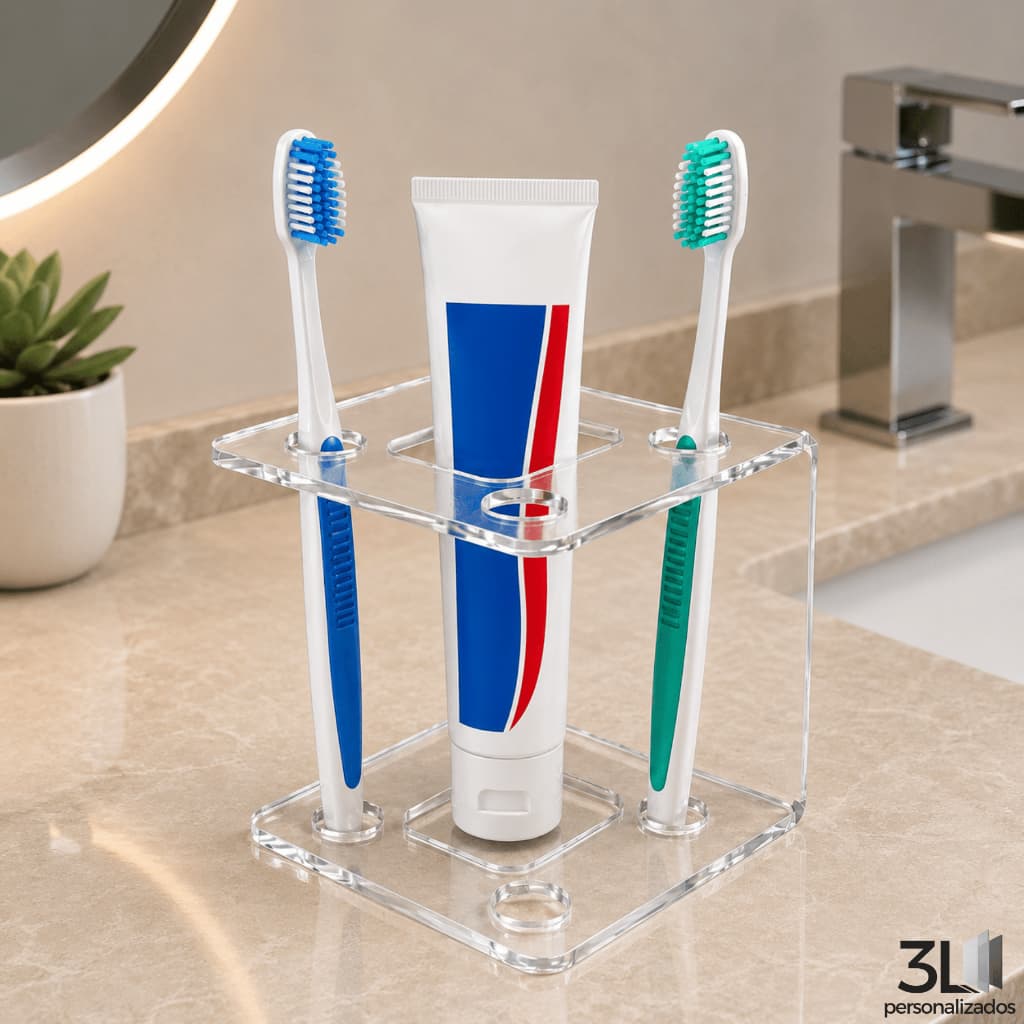Porta Escovas e Pasta de Dente em Acrílico Cristal Organizador de Banheiro 3mm – Suporte 4 Escovas