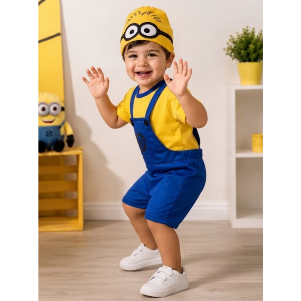 Fantasia Infantil Minions Acompanha Jardineira Camiseta e Touca Roupa Leve e Confortável Meninos Conjunto Diversão