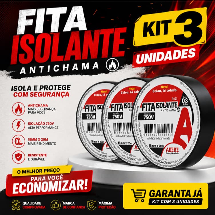 Kit 3 Fita Isolante Anti Chama Adere 18mm x 20m