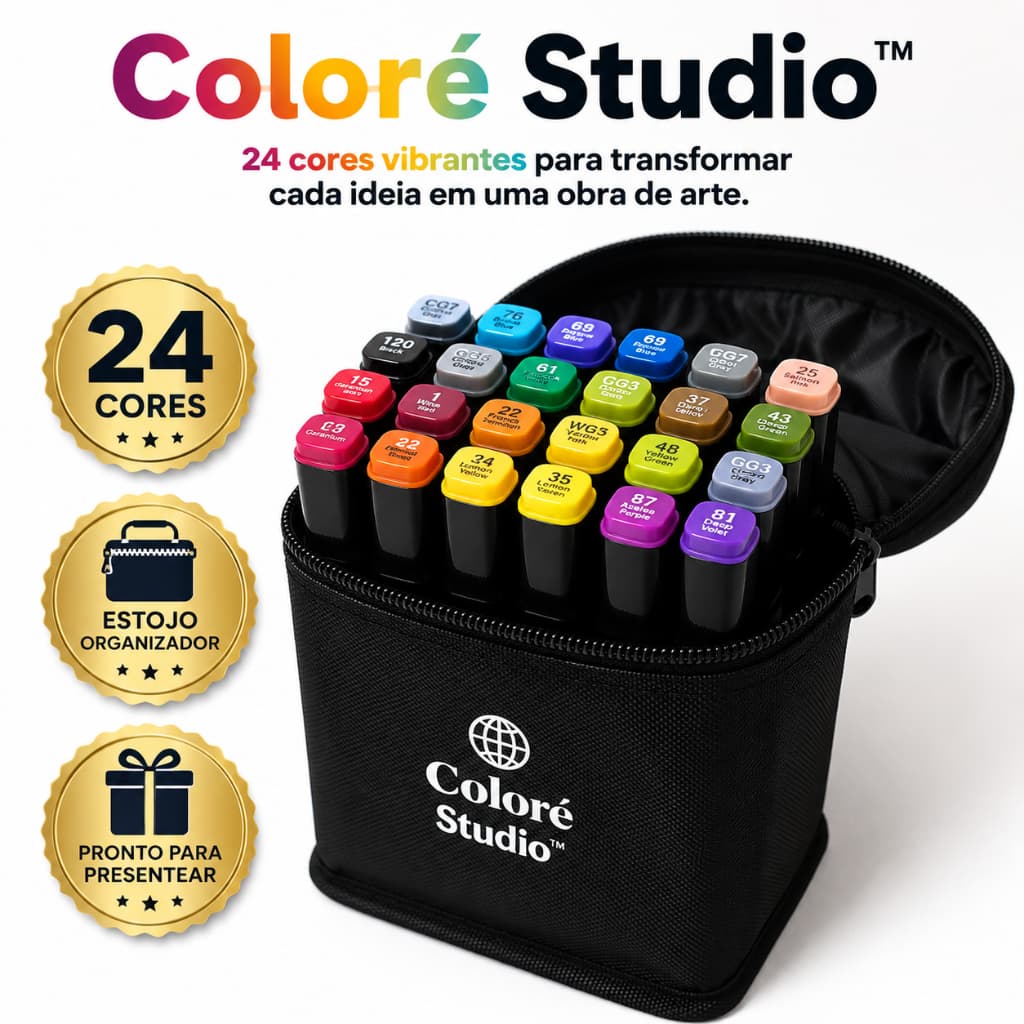 Canetas Hidrográficas 24 Cores Coloré Studio™ com Estojo Organizador para Desenho, Colorir, Lettering e Artesanato