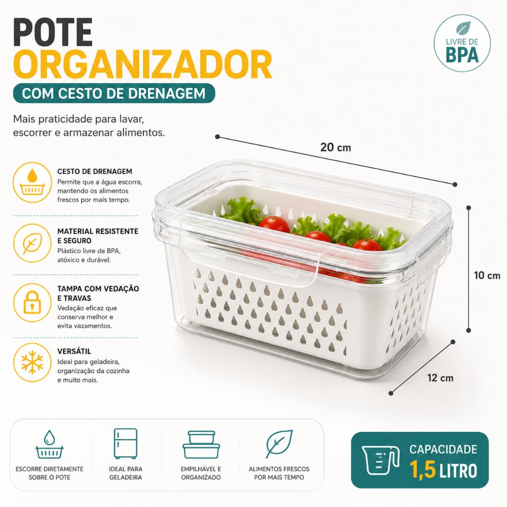 Organizador Geladeira Pote Com Cesto Hermético 1500ml