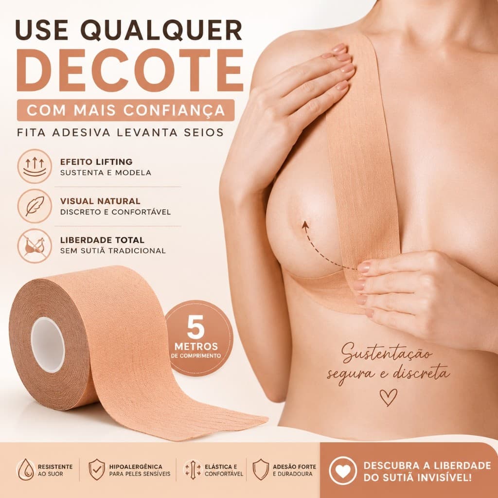 Fita Adesiva Levanta Seios Boob Tape 5 Metros Hipoalergênica Sutiã Invisível Resistente ao Suor BM-F1193