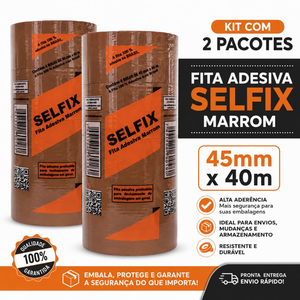 Kit 2 Pacotes Fita Adesiva Selfix Marrom 45mm x 40m | 8 Rolos para Embalagem Alta Aderência