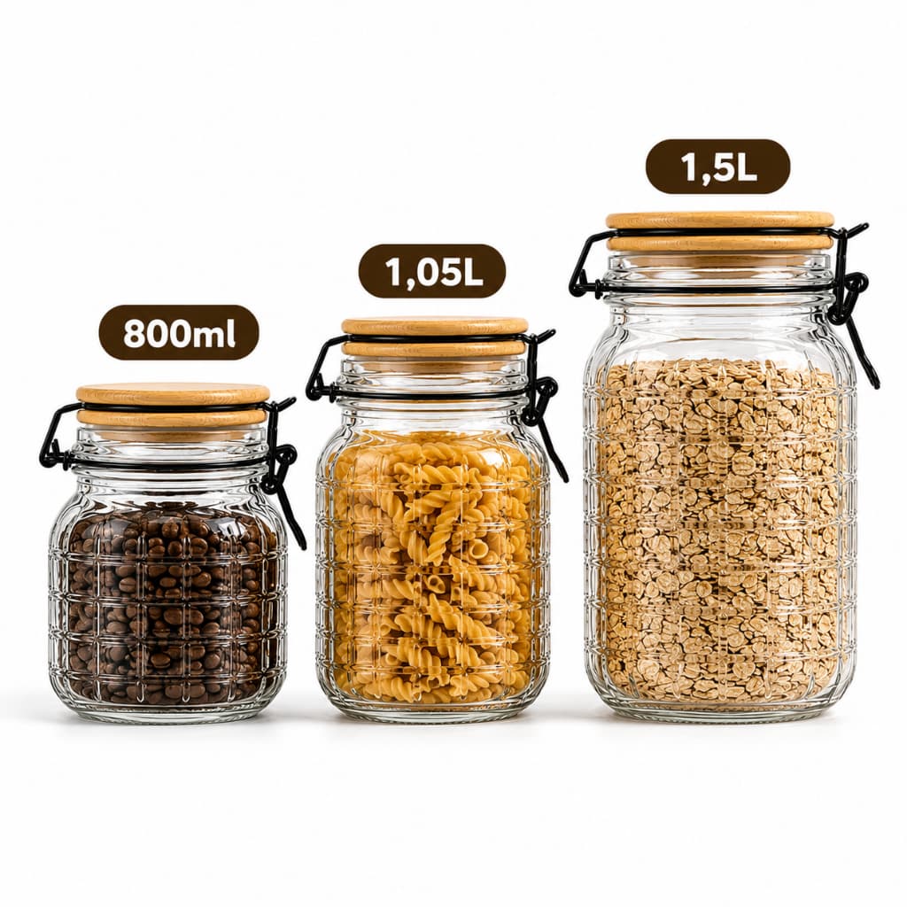 Kit 3 Potes Herméticos de Vidro Tampa de Bambu 800ml 1,05L 1,5L Premium Quadrado
