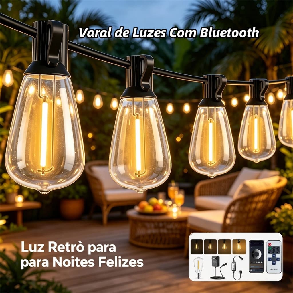 Varal de Luzes LED 15m/20m/30m Bluetooth Para Decoração Externa Economia de Energia
