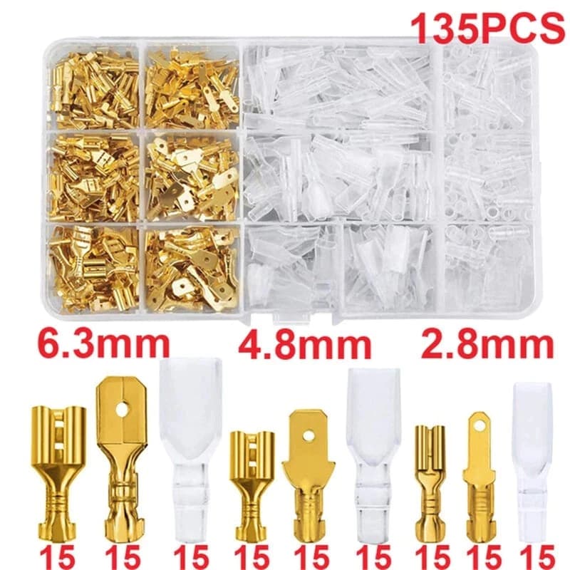 kit 135pcs Terminais De Conectores 2,8/4,8/6,3mm Crimpagem Macho Fêmea Cor Ouro/Prata