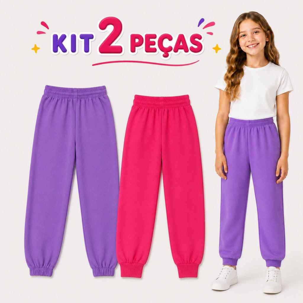 Kit Sortido 2 Calças Moletom Infatil Peluciada Feminina/Menina Elastico Na Cintura Quentinha Inverno