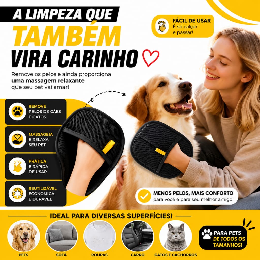 Luva Removedora de Pelos Pet Cachorro Gato Massageadora Reutilizável Tira Pelos Sofá Roupas Carro BM-F4144