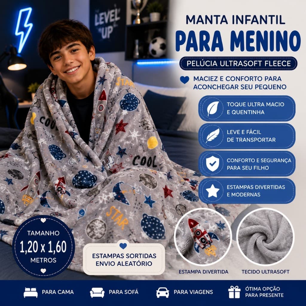 Manta Cobertor  Infantil para Meninos Pelúcia Ultrasoft Fleece 1,20 x 1,60m