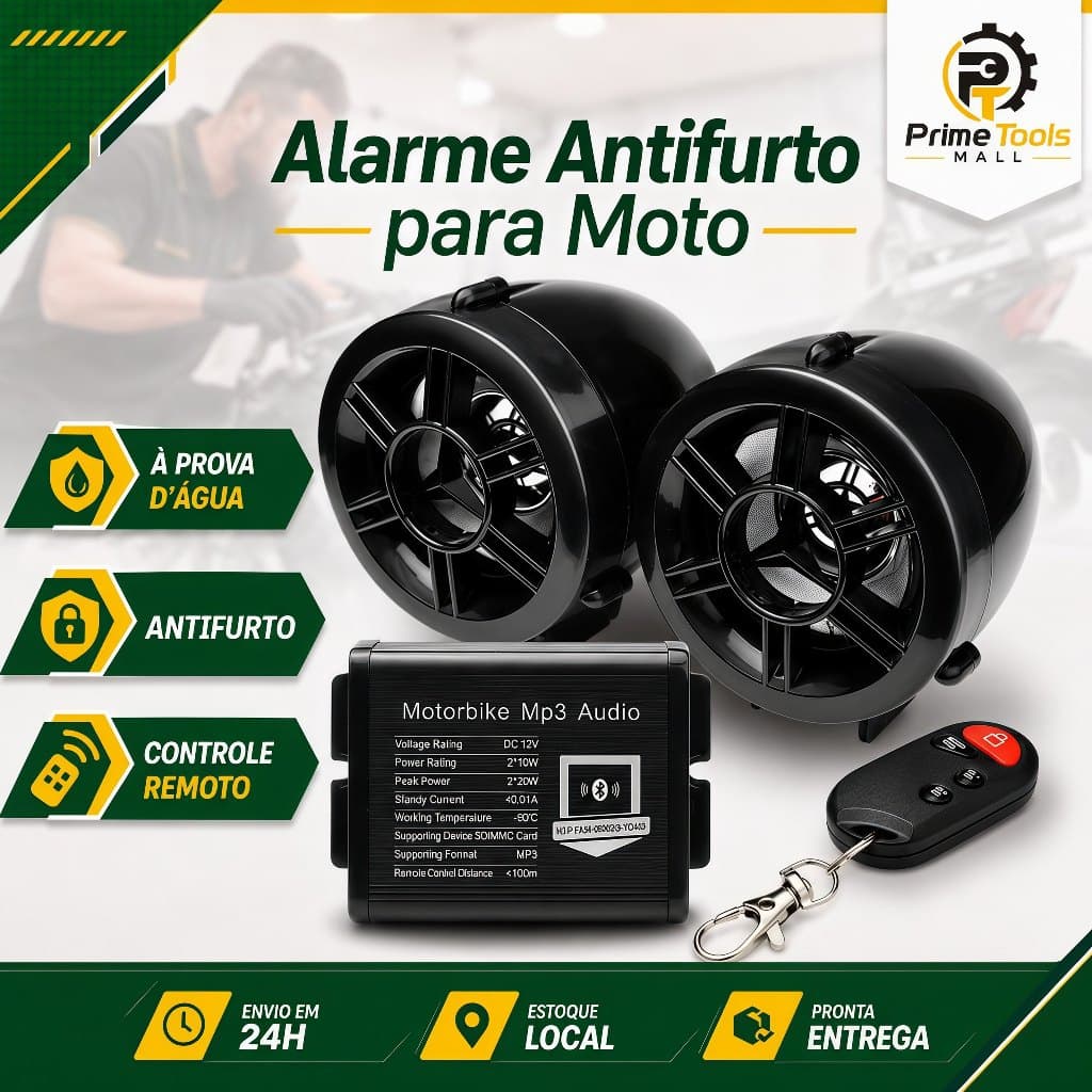 Caixa De Som para Moto Bluetooth Mp3 Fm Rádio SD Usb Aux e Alarme com Controle Remoto 20w potencia