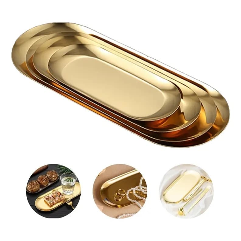 Kit 4 Bandejas Aço Inoxidável Dourado Luxo Decorativa para Jóias e Alimentos