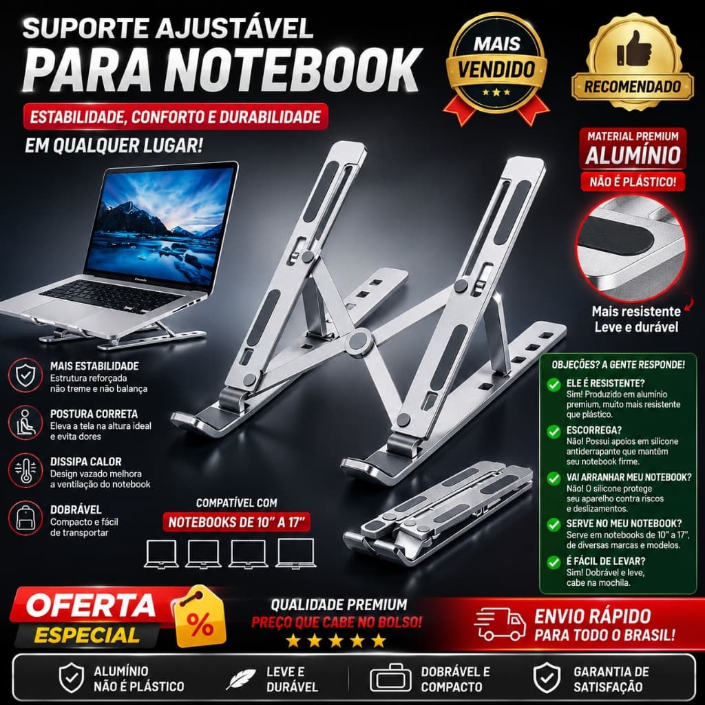 Base Suporte Dobrável para Notebook tablet em Alumínio Ajustável, Portátil, Resistente e Ergonômico