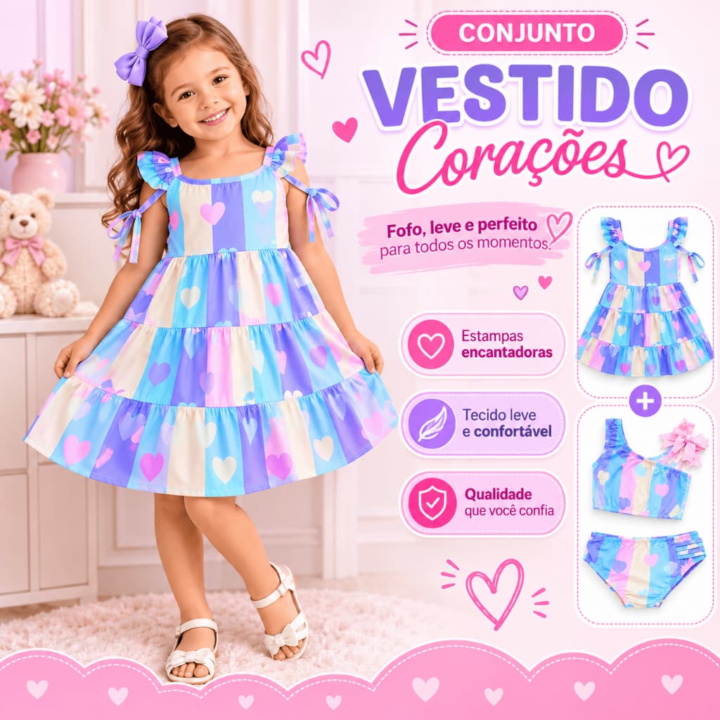 Kit de Vestido estampado coração + Bíquini Coração - Moda Feminina - Moda Infantil