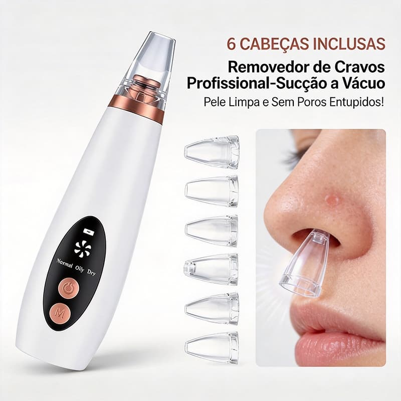Removedor de Cravos Profissional Sucção a Vácuo Recarregável, vem com 6 cabeças intercambiáveis, limpeza profunda de por