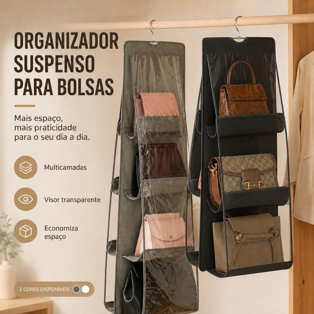 Organizador Suspenso para Bolsas Pendurar 8  Com Cabide  Compartimentos