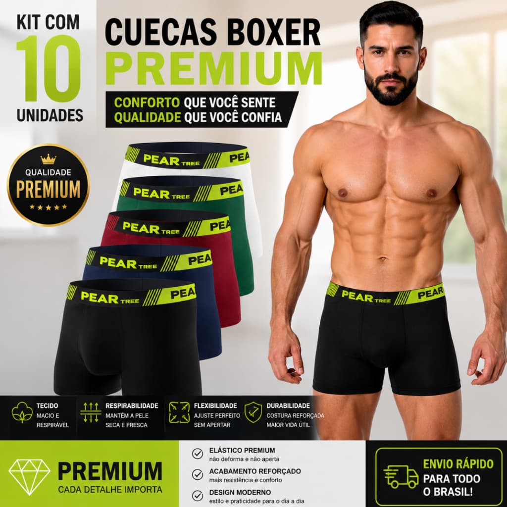 Kit 10 Cuecas Boxer Microfibra Premium Box com Forro 100% Algodão Antialérgico