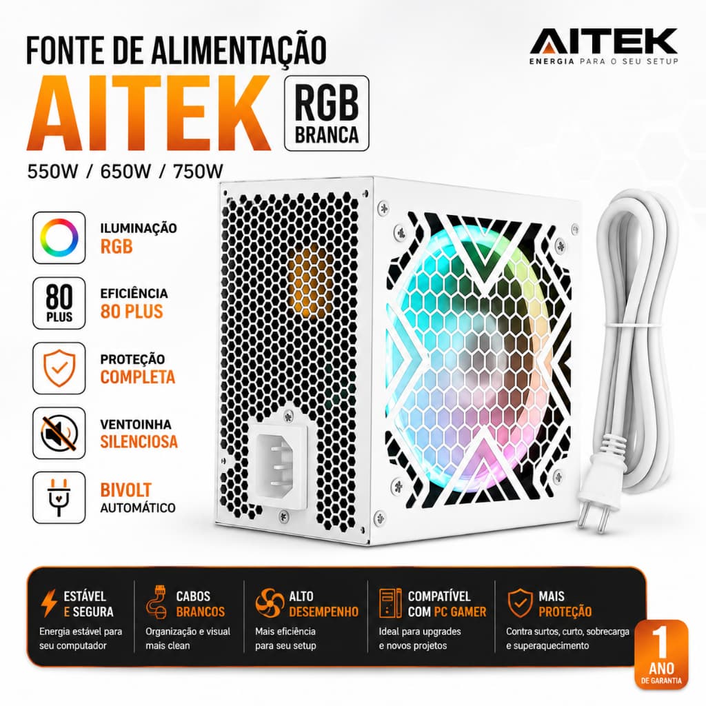 Fonte Gamer AITEK 550W 650W 750W RGB Branca ATX 80 Plus para PC Gamer Bivolt