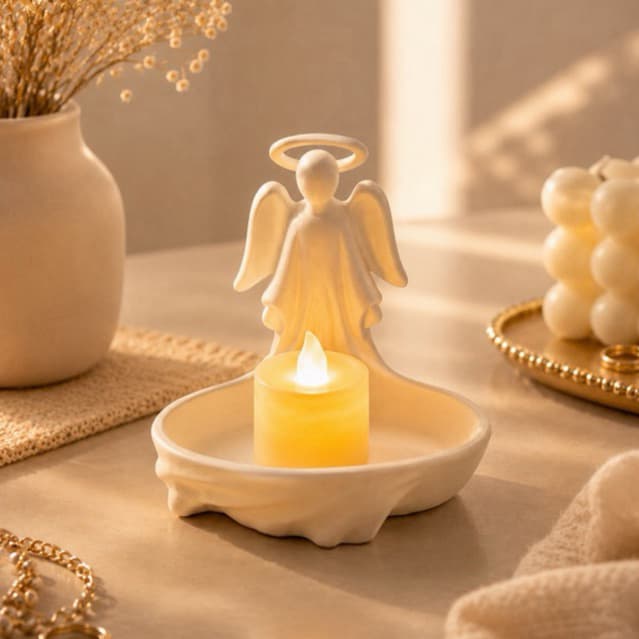 Porta Velas Anjinho Religioso Ambiente com Fé e Gratidão Cantinho da Oração Aconchegante Item Barato Para Decoração