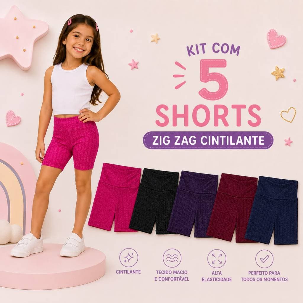 Kit Com 5 Shorts Bermuda Suplex Zig Zag Cintilante Moda Infantil