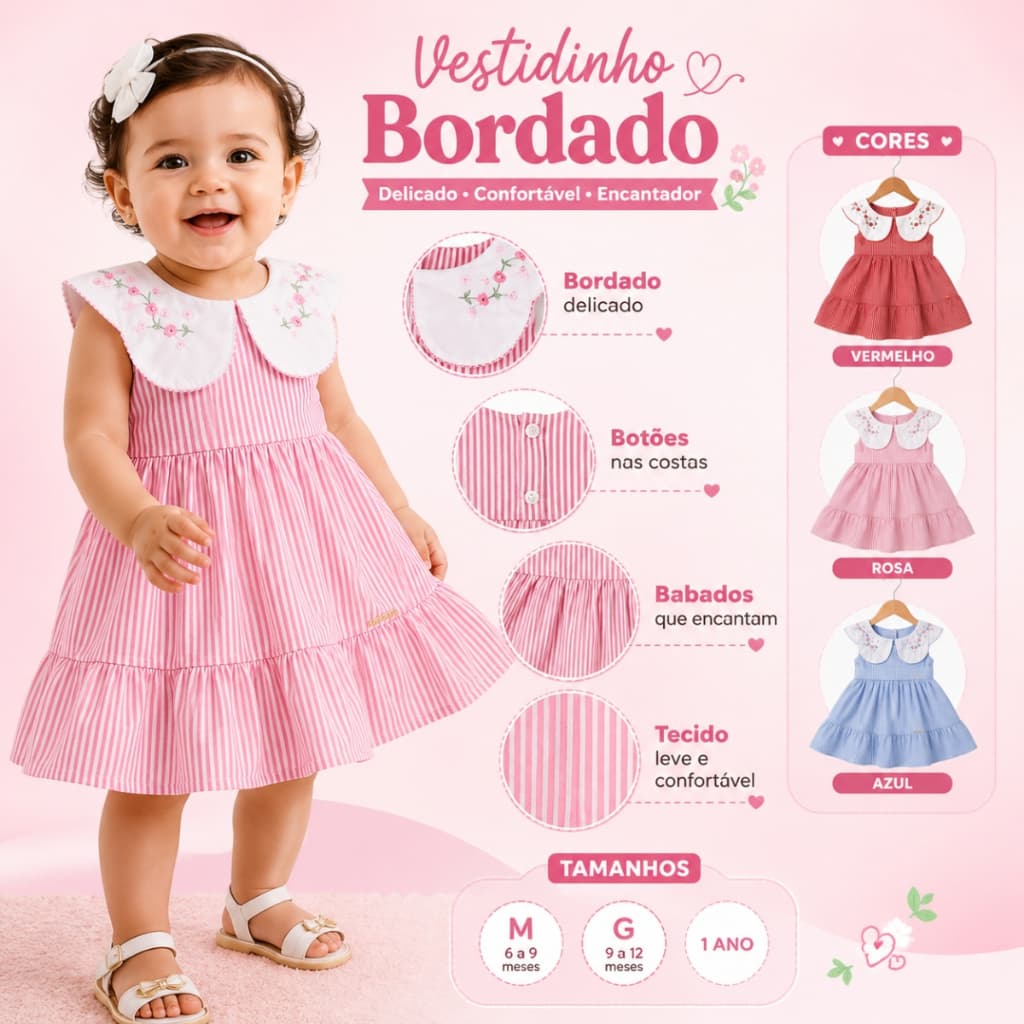 Vestido Feminino Infantil Com Gola Bordada Vestido Kids com Babado