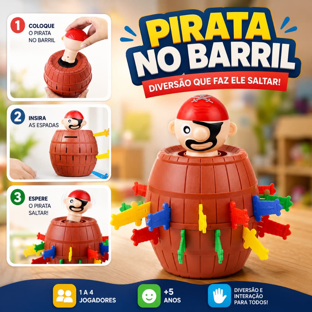 Jogo Pula Pirata com 16 Espadas Barril Brinquedo Infantil Interativo para Crianças e Família